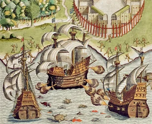 Tengeri csata a portugálok és a franciák között a potiguarák területei előtti vizeken, az „Americae Tertia Pars...“ című műből, 1592